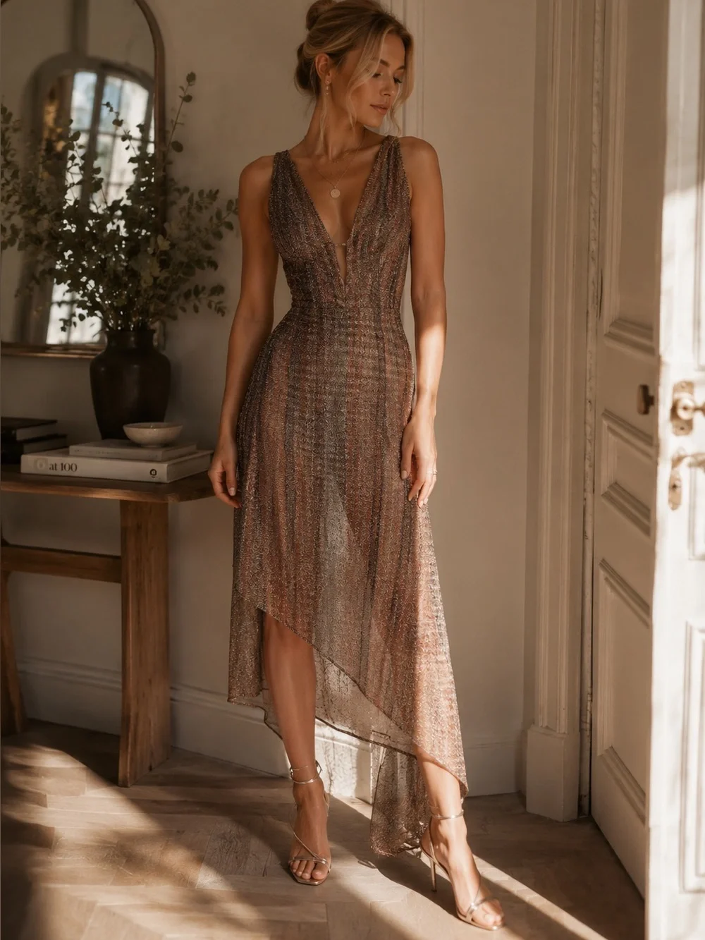 IRO Paris Emman Dress Sz 40 / 8 Shimmering Asymmetrical Cross Stripe Back NWT - Picture 1 of 16